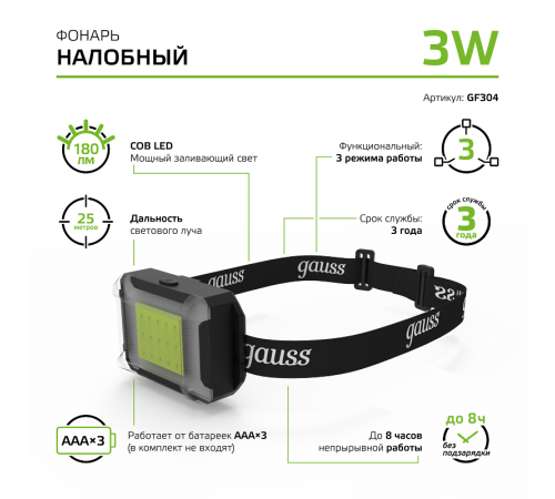 Фонарь налобный GFL304 3W 180lm 3xAAA LED 1/12/60  GF304  Gauss