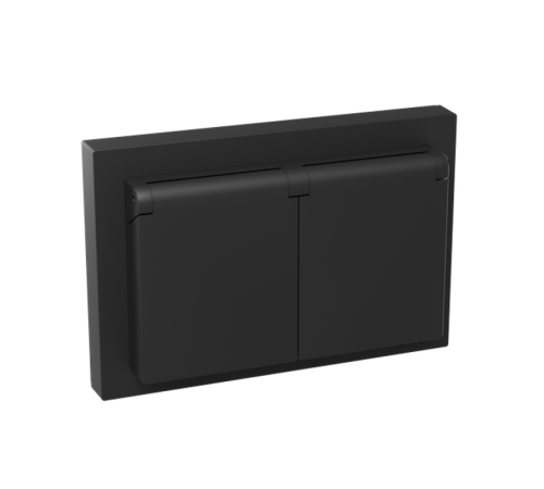 Механизм розетки двойной, 16А, IP44, с заземлением, со шторками, с рамкой, с крышками, чёрный Эпика EKF  UP1-SOB-211-44  EKF