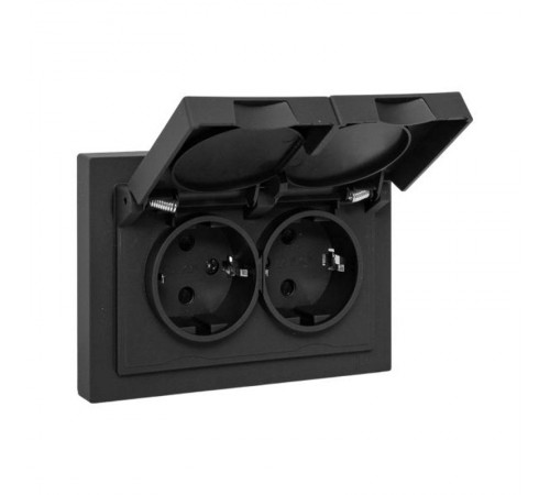 Механизм розетки двойной, 16А, IP44, с заземлением, со шторками, с рамкой, с крышками, чёрный Эпика EKF  UP1-SOB-211-44  EKF
