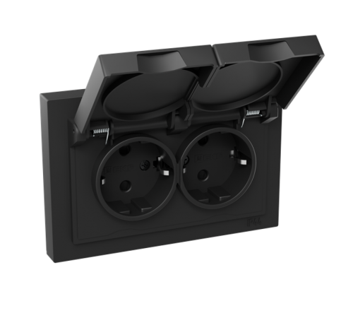 Механизм розетки двойной, 16А, IP44, с заземлением, со шторками, с рамкой, с крышками, чёрный Эпика EKF  UP1-SOB-211-44  EKF