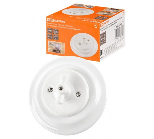 Выключатель скрытой установки фарфоровый поворотный с ручкой (бантик) 10А белый "Болонь"  SQ1820-0020  TDM