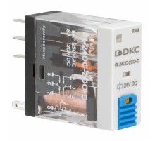 Реле миниатюрное промышленное, 2CO, ком. ток 8А, AgSnO, напряжение 110V DC, опция: тест-кнопка+светодиод+защитный диод  IR-110DC-2CO-D  DKC