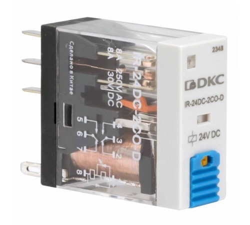 Одиночное реле, 2 перекидных контакта, 24 В DC  IR-24DC-2CO-D  DKC