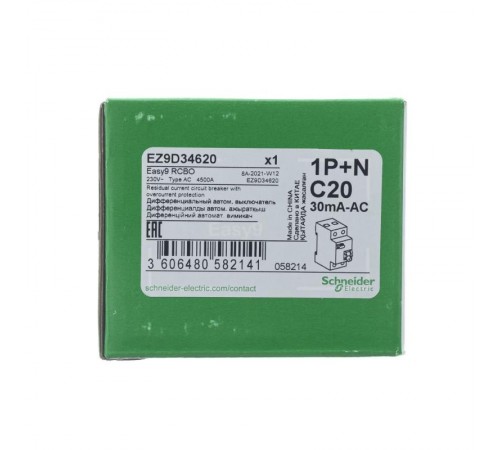 Выключатель автоматический дифференциального тока EASY 9 1п+N 20А C 30мА тип AC  EZ9D34620  Schneider Electric