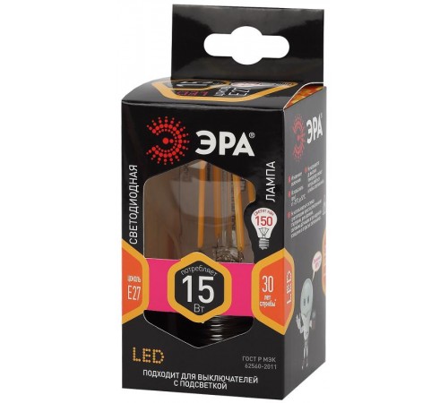 Лампа светодиодная F-LED A60-15W-827-E27 (филамент, груша, 15Вт, тепл, Е27)  Б0046981  ЭРА