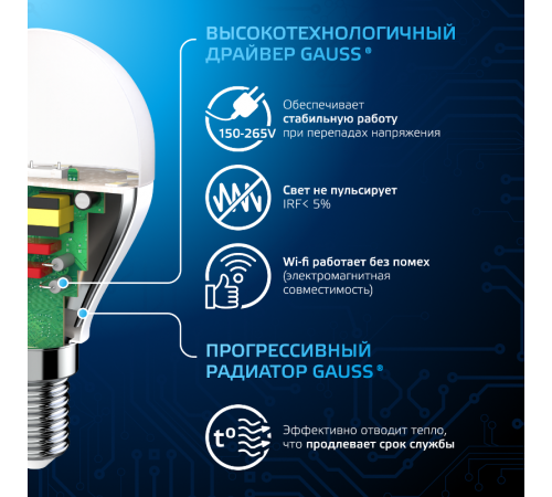 Лампа светодиодная Шар 6.5W 550lm 6500K E14 LED 1/10/100  105101307  Gauss