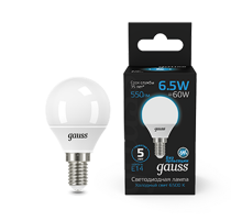Лампа светодиодная Шар 6.5W 550lm 6500K E14 LED 1/10/100  105101307  Gauss