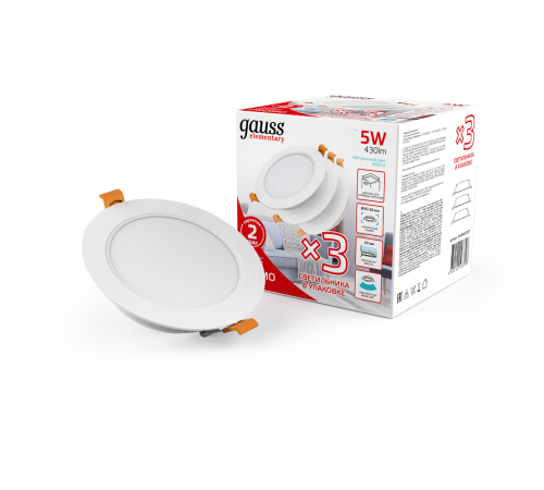 Светильник встраиваемый downlight Elementary круг 5W 430lm 4000K 210-240V IP20 95*38 монтаж бел.LED (3шт. в упак.) LED 1/40  9100420205T  Gauss