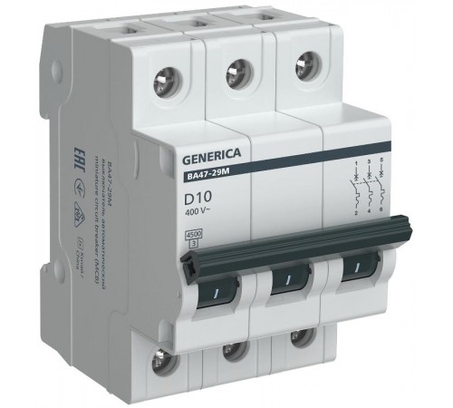 Выключатель автоматический  трёхполюсный ВА47-29М 3P 10А 4,5кА D MVA21-3-010-D-G GENERICA