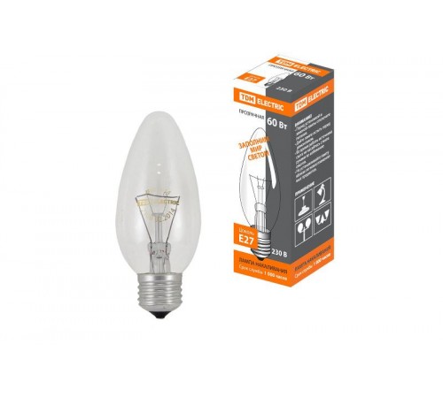 Лампа накаливания ЛОН  60Вт Е27 230В свеча прозрачная  SQ0332-0012  TDM