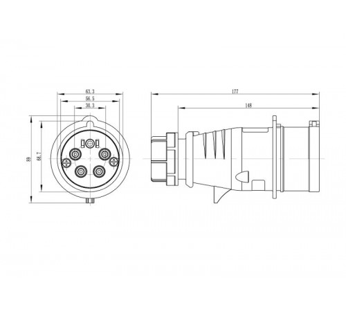 Вилка кабельная CP IP44 32A 3P+E+N 400В c фазоинвертером  CP654-032-40-RP  DKC