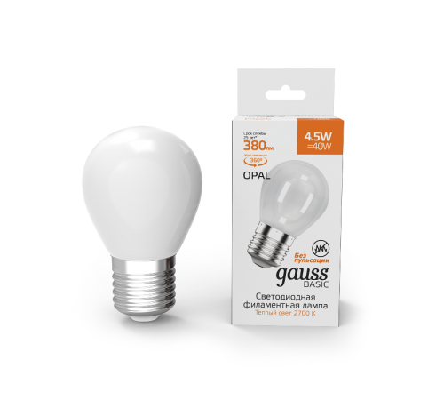 Лампа светодиодная Basic Filament Шар 4,5W 380lm 2700К Е27 milky LED 1/10/50  1055215  Gauss