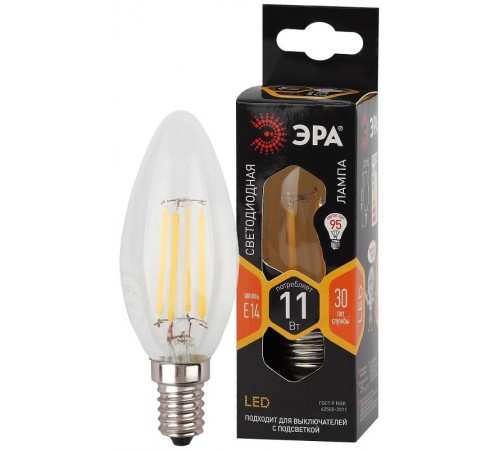 Лампа светодиодная F-LED B35-11w-827-E14 (филамент, свеча, 11Вт, тепл, E14)  Б0046985  ЭРА