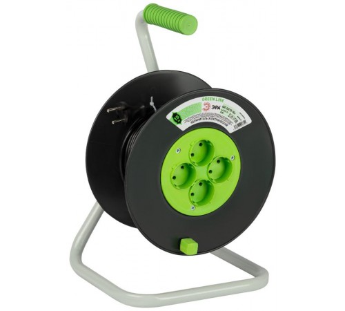 Удлинитель силовой ЭРА GREEN LINE KAT-2x0.75-15m Greenline на катушке пластик 4 розетки без заземления 15м ПВС 2x0.75мм2   Б0065052  ЭРА