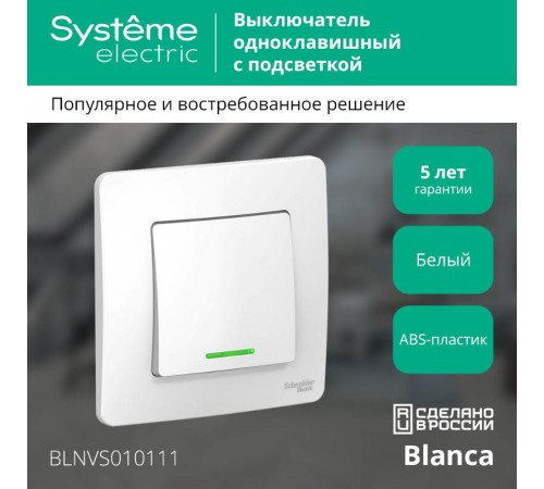 Blanca Белый С/У Выключатель 1-клавишный с подсветкой, 10А, 250B  BLNVS010111  SE