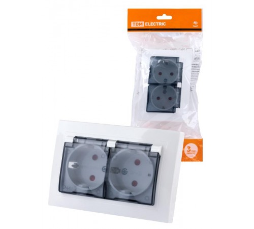 Розетка двойная 2П+З с защ. шт. и прозрачной крышкой 16А 250В IP44 белая "Таймыр"  SQ1814-0077  TDM