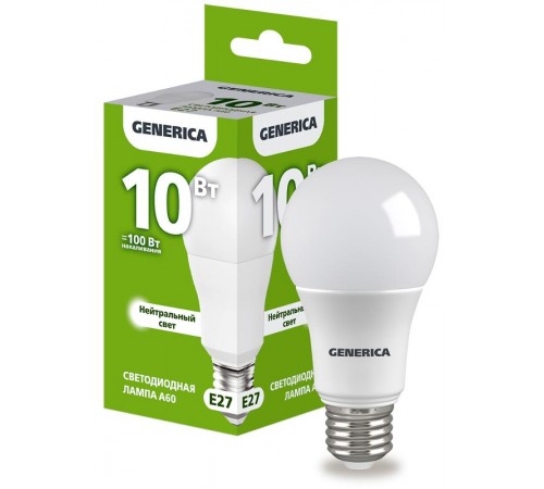 Лампа светодиодная A60 груша 10Вт 230В 4000К E27   LL-A60-10-230-40-E27-G  GENERICA
