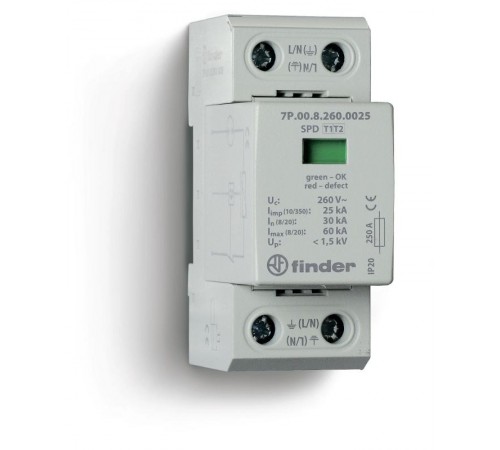 Устройство защиты от импульсных перенапряжений УЗИП тип 1+2 (1 варистор/искровый разрядник); модульный, ширина 36мм; степень защиты IP20