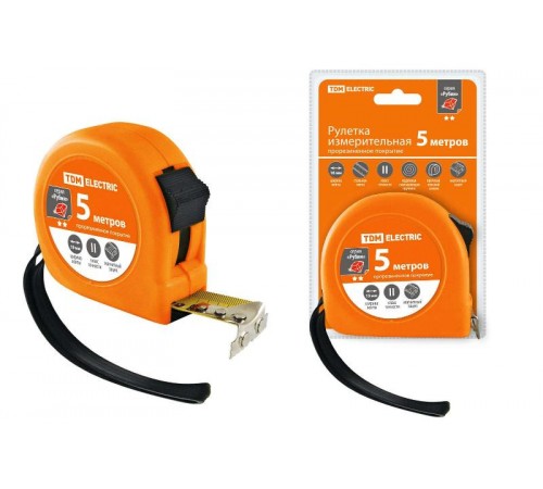 Рулетка, длина 5 м, стальная лента, ширина 19 мм, прорезиненное покрытие, магнит, "Рубин"  SQ1018-0106  TDM