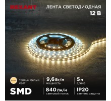 Лента светодиодная 12В, SMD2835, 9,6Вт/м, 60 LED/м, 3000K, 8мм, 5м, IP20  141-213  REXANT