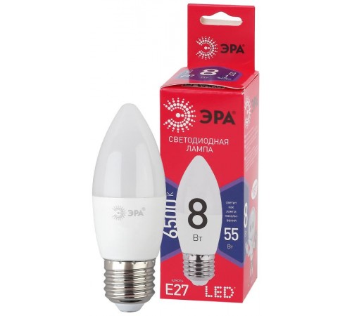 Лампа светодиодная ЭКО LED B35-8W-865-E27 R (диод, свеча, 8Вт, хол, E27)  Б0045342  ЭРА
