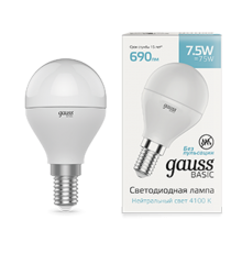 Лампа светодиодная Basic Шар 7,5W 690lm 4100K E14 LED 1/10/100  1053128  Gauss