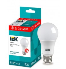 Лампа светодиодная низковольтная LED A60 груша 8Вт 24-48В 4000К E27  LLE-A60-08-24-48-40-E27  IEK