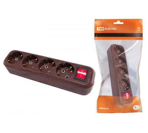 Колодка розеточная 4 гнезда 2П+3 с выключателем16А 250В "Эко" (бук)   SQ1806-0066  TDM