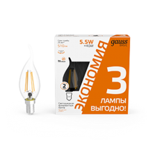 Лампа светодиодная   Basic Filament Свеча на ветру 5,5W 510lm 2700К Е14 LED (3 лампы в упаковке) 1/20  1041116T  Gauss