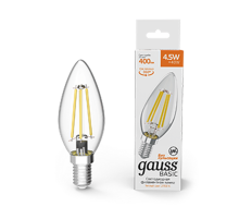 Лампа светодиодная Basic Filament Свеча 4,5W 400lm 2700К Е14 LED 1/10/50  1031115  Gauss
