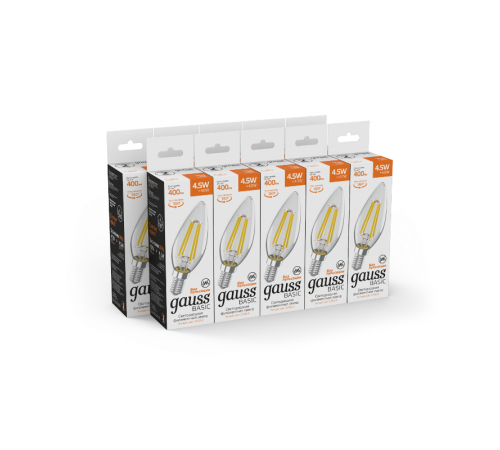Лампа светодиодная Basic Filament Свеча 4,5W 400lm 2700К Е14 LED 1/10/50  1031115  Gauss