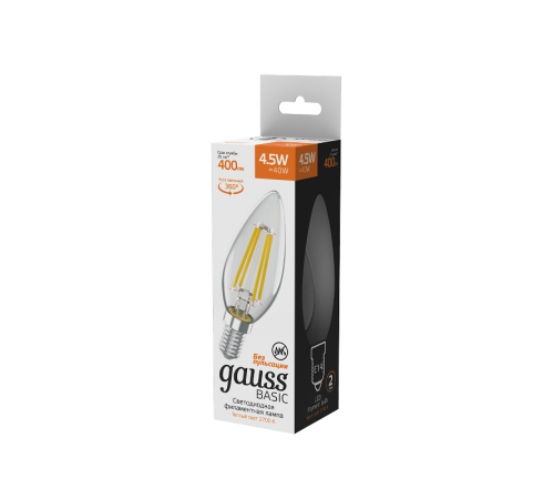Лампа светодиодная Basic Filament Свеча 4,5W 400lm 2700К Е14 LED 1/10/50  1031115  Gauss