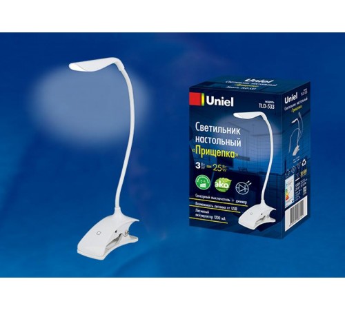 Светильник настольный TLD-533 White/LED/250Lm/5500K/Dimmer "прищепка" 3W акк 5V/1200mA сенсор Белый  UL-00001494  Uniel