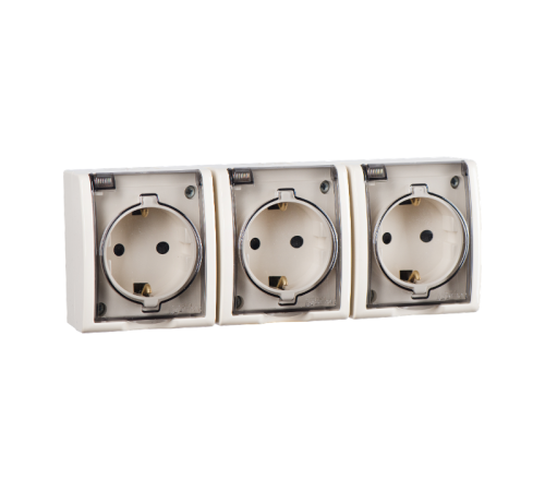 Розетка тройная IP54 с крышкой и заземлением Schuko 3x2Р+Е 16A 250В цвета слоновая кость S15 Aqua  1594437-031  Simon