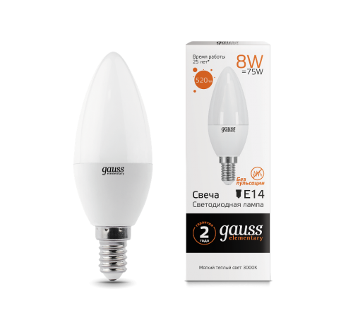 Лампа светодиодная LED 8Вт E14 220В 2700К Elementary свеча  33118  Gauss