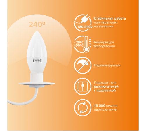 Лампа светодиодная LED 8Вт E14 220В 2700К Elementary свеча  33118  Gauss