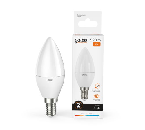 Лампа светодиодная LED 8Вт E14 220В 2700К Elementary свеча  33118  Gauss