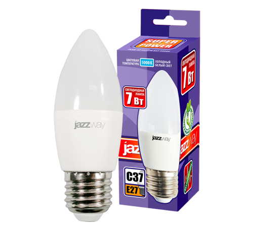 Лампа светодиодная LED 7Вт Е27 220В 5000К PLED- SP C37 свеча  1027849-2  Jazzway