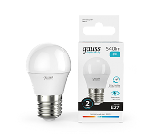 Лампа светодиодная LED 8Вт E27 220В 4100К Elementary шар  53228  Gauss