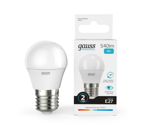 Лампа светодиодная LED 8Вт E27 220В 4100К Elementary шар  53228  Gauss