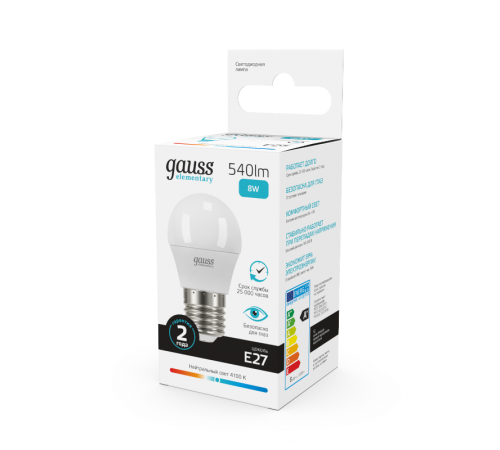 Лампа светодиодная LED 8Вт E27 220В 4100К Elementary шар  53228  Gauss