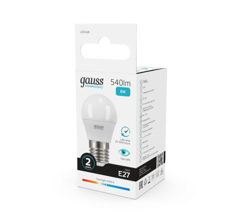 Лампа светодиодная LED 8Вт E27 220В 4100К Elementary шар  53228  Gauss