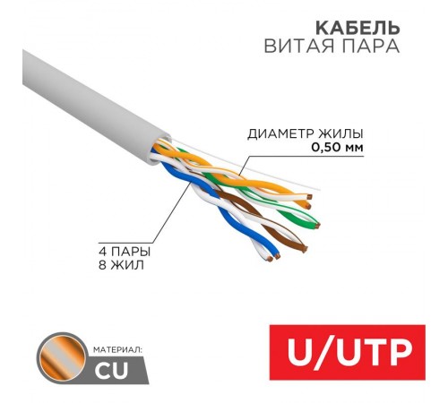 Кабель витая пара U/UTP, CAT 5e, PVC, 4PR, 24AWG, INDOOR, SOLID, серый, 305м, РФ REXANT  01-0043-R  REXANT