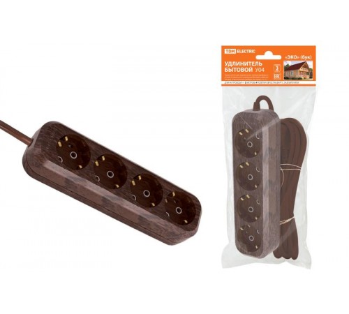Удлинитель бытовой У04 4 гнезда, 5метров,2П+3, ПВС 3х1мм2 "Эко" (бук) 16А/250В  SQ1303-3012  TDM