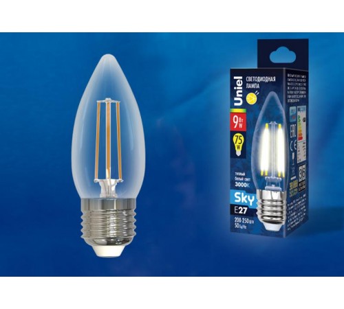 Лампа светодиодная LED-C35-9W/3000K/E27/CL PLS02WH LED. "свеча", прозр. Серия Sky. 3000К .  UL-00005162  Uniel