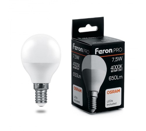 Лампа светодиодная .PRO LB-1407 Шарик E14 7.5W 4000K OSRAM LED  38072  Feron