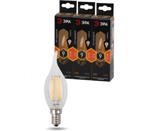 Лампа светодиодная F-LED BXS-9W-827-E14 (филамент, свеча на ветру, 9Вт, тепл, E14)  Б0047003  ЭРА