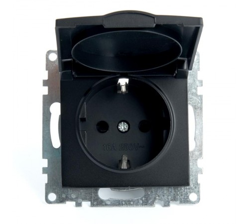 Розетка 1-местная с крышкой с защ. штор (механизм) с/з, 250В, 16А, серия Катрин, GLS16-7112-05, черный  39608  STEKKER