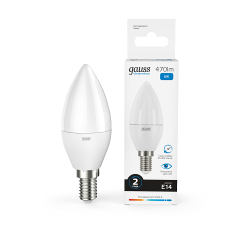 Лампа светодиодная LED 6Вт E14 220В 6500К Elementary свеча  33136  Gauss