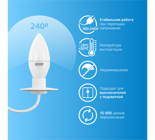 Лампа светодиодная LED 6Вт E14 220В 6500К Elementary свеча  33136  Gauss